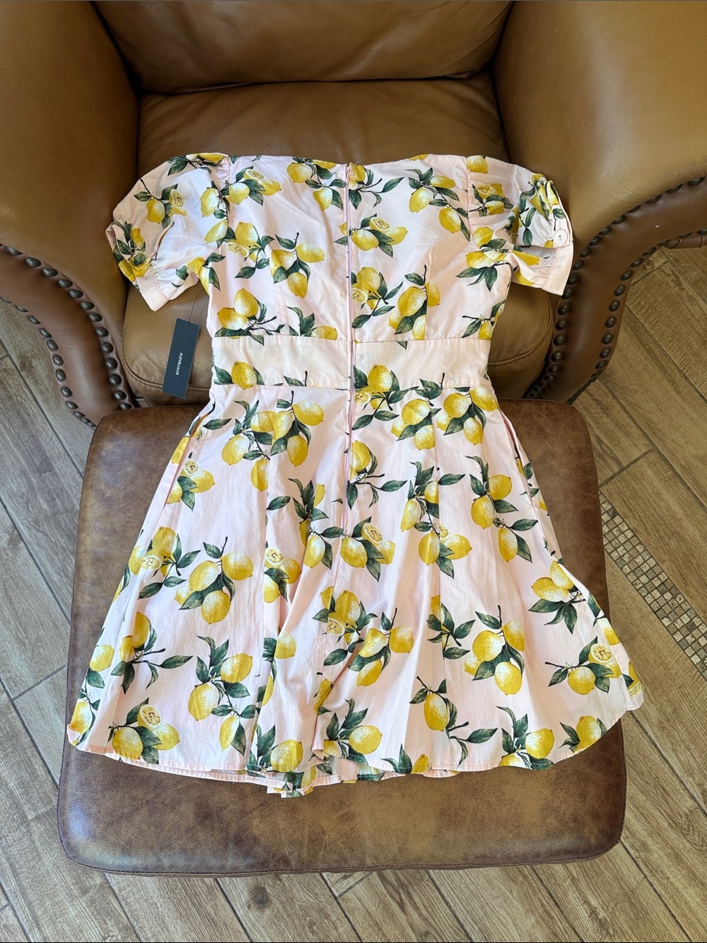 NWT Lulus Squeeze the Day Lemon Print Puff Sleeve Skater Dress Medium Light Pink - Picture 4 of 6